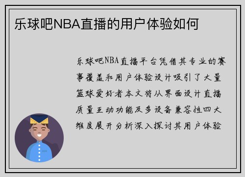 乐球吧NBA直播的用户体验如何